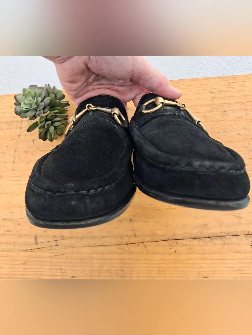 Vintage Gucci Men's Black Suede Loafers w/Gold Horsebit Hardware Size 45.5/12